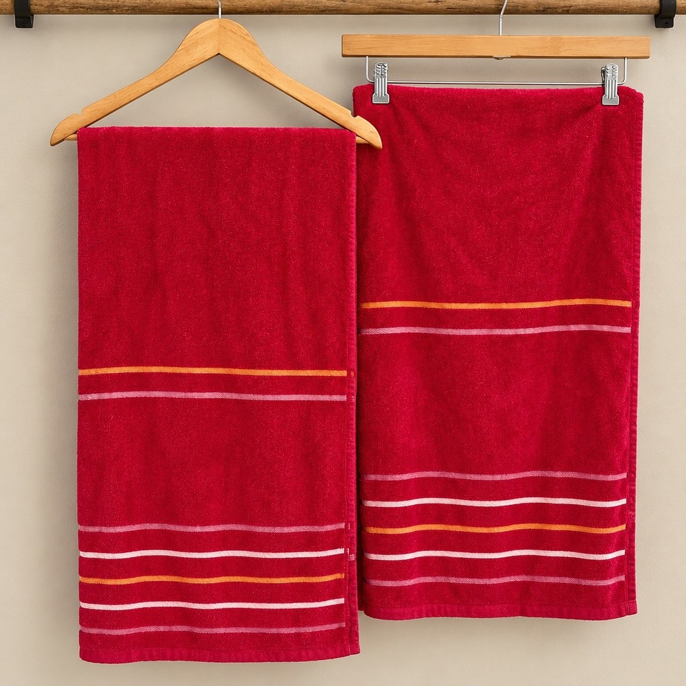 Set of 2 Pink Striped Cotton Bath Towels 28x60 Orange Accents Retro Style